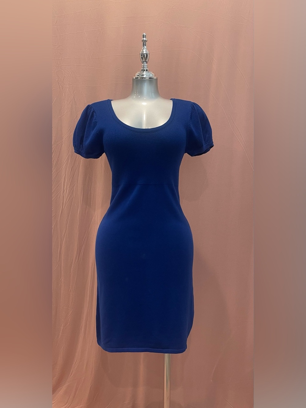 Scoop Neck Puff Sleeve Bodycon Dress — Blue